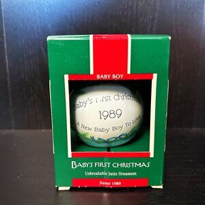 Hallmark Keepsake Baby's First Christmas Baby Boy Satin Ball Ornament 1989 Santa